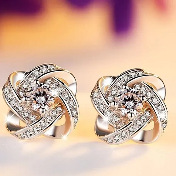 💎0122💎 STERLING SILVER FOREVER LOVE DIAMOND FLOWER KNOT NECKLACE & EARRING SET - Picture 4 of 8